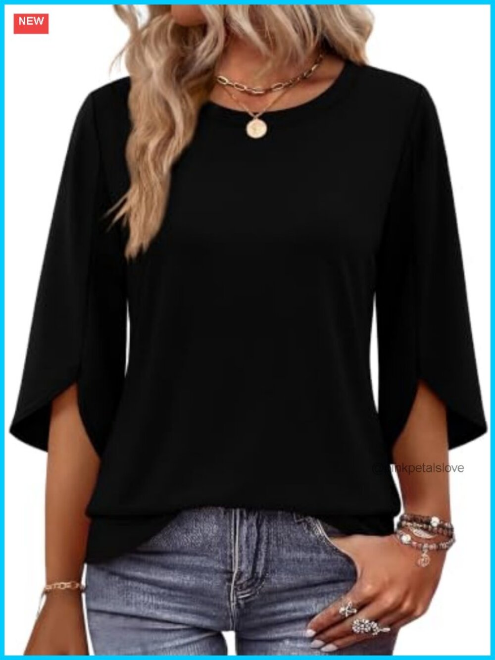 Women's 3/4 Sleeve Blouse Crew Neck Petal Sleeve Dressy Casual Top